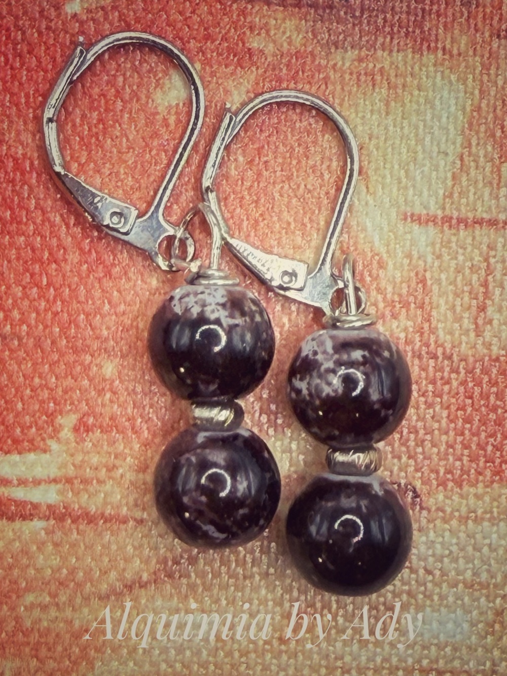 Alquimia Black and White Marbled Double-Bead Drop Earrings with Silver Accents